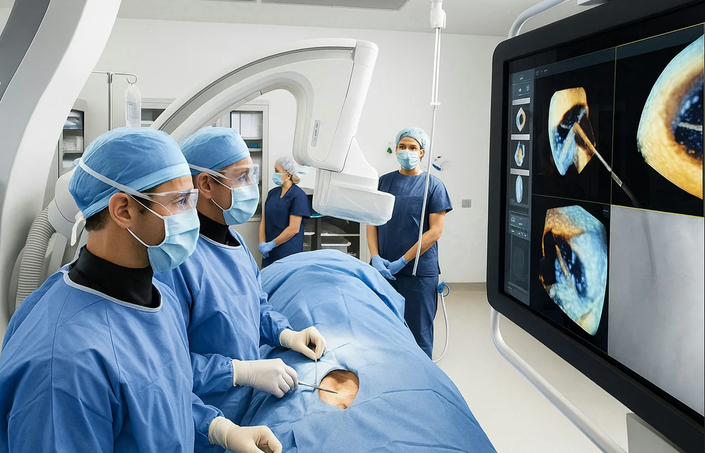 Clinical team in a modern procedure room with monitors and equipment trolleys