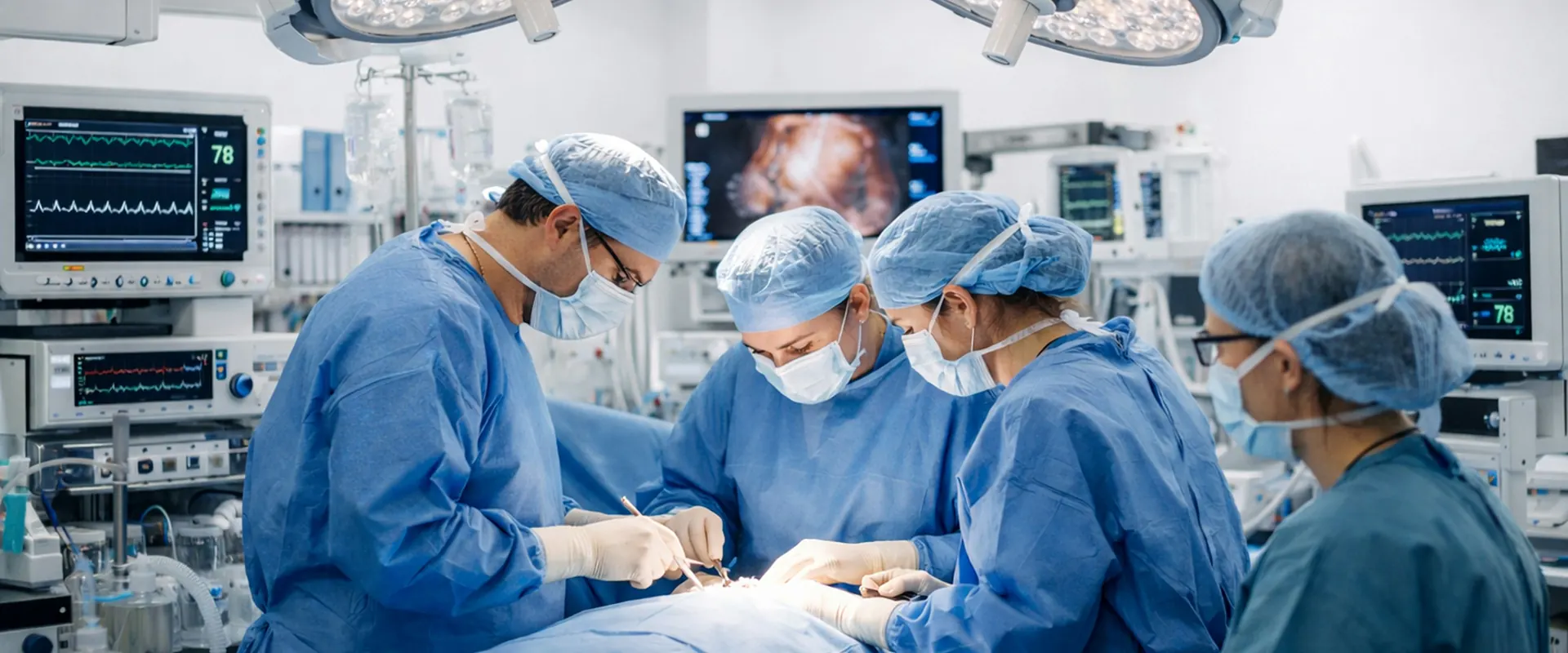 Operation theatre with surgical lights, monitors and surgical team